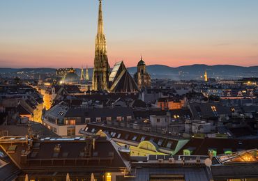 St. Stephen’s Cathedral and the Western outskirts at dusk.