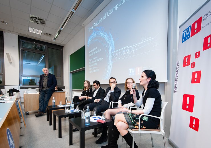 The five new professors of the Faculty of Informatic, from the left: Hannes Werthner (chair), Ivona Brandic, Muhammad Shafique, Matteo Maffei, Agata Ciabattoni, Laura Kovacs