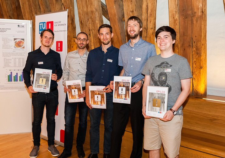 Die vier Nominierten v.li.n.re.: Manuel Pöter, Daniel Pfleger, Lucas Kletzander und Dominik Bauer (Gewinner) — Picture: Jan Gott / TU Wien