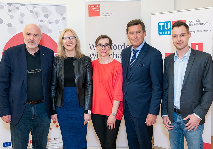 Welcome TU.code graduation 2019, Dean Hannes Werthner, Vice Rector Anna Steiger, Gabriele Tatzberger from the Vienna Business Agency, City Councillor Peter Hanke and Stefan Steinberger from Refugees Code