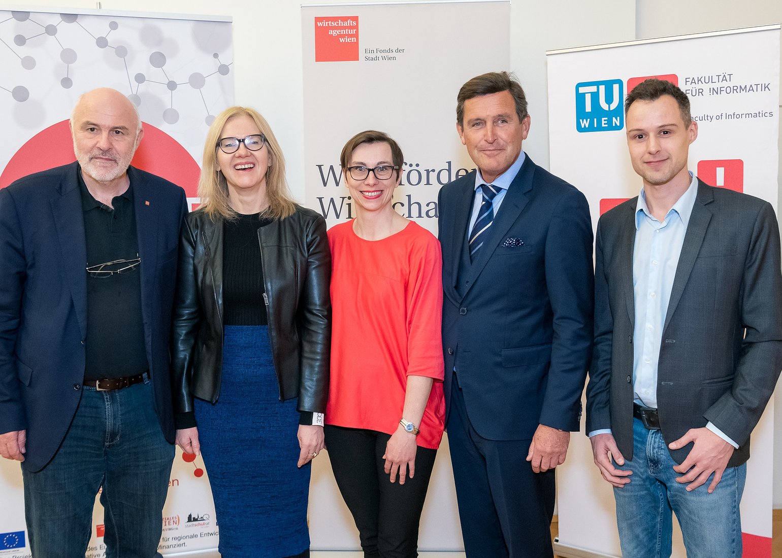 Welcome TU.code graduation 2019, Dean Hannes Werthner, Vice Rector Anna Steiger, Gabriele Tatzberger from the Vienna Business Agency, City Councillor Peter Hanke and Stefan Steinberger from Refugees Code