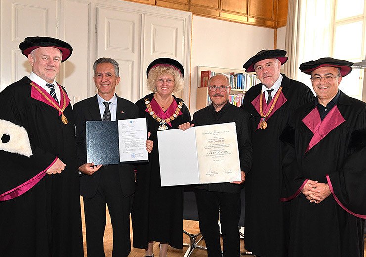 Vice-Rector Josef Eberhardsteiner, Nicola Leone, Rector Sabine Seidler, Carlo Ghezzi, Dean Hannes Werthner, Schahram Dustdar (l.t.r).
