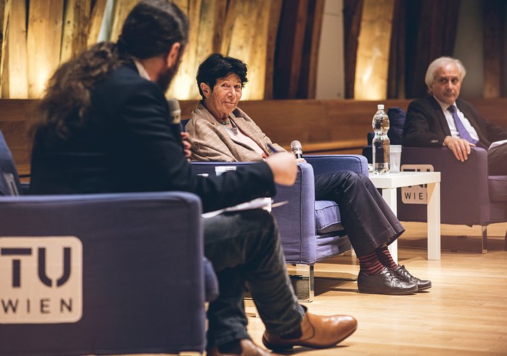 CAIML co-head Stefan Woltran with panelists Helga Nowotny and Gerhard Friedrich — Picture: Amélie Chapalain / TU Wien Informatics