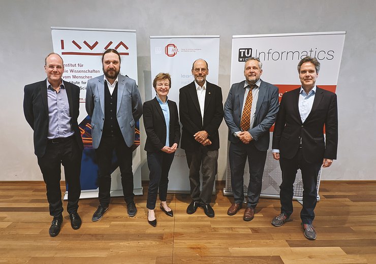 Ludger Hagedorn (IWM), Stefan Woltran (CAIML), Gerti Kappel (TU Wien Informatics), Edward A. Lee, Michael Wiesmüller (BMK) and Clemens Heizinger (CAIML). (fltr) — Picture: Theresa Aichinger-Fankhauser / TU Wien Informatics