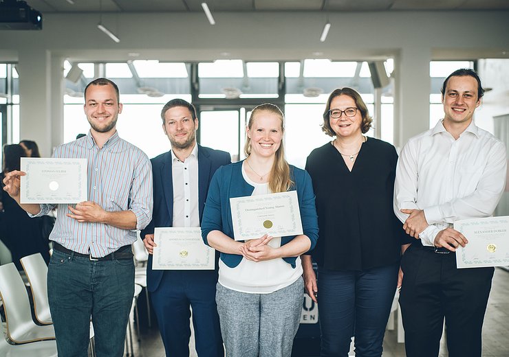 The DYA candidates and winner with head of the jury Margrit Gelautz. — Picture: Amélie Chapalain / TU Wien Informatics