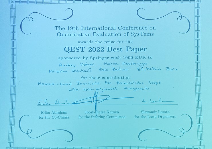 Best Paper Award: Inter-faculty Cooperation Honored at QEST 2022