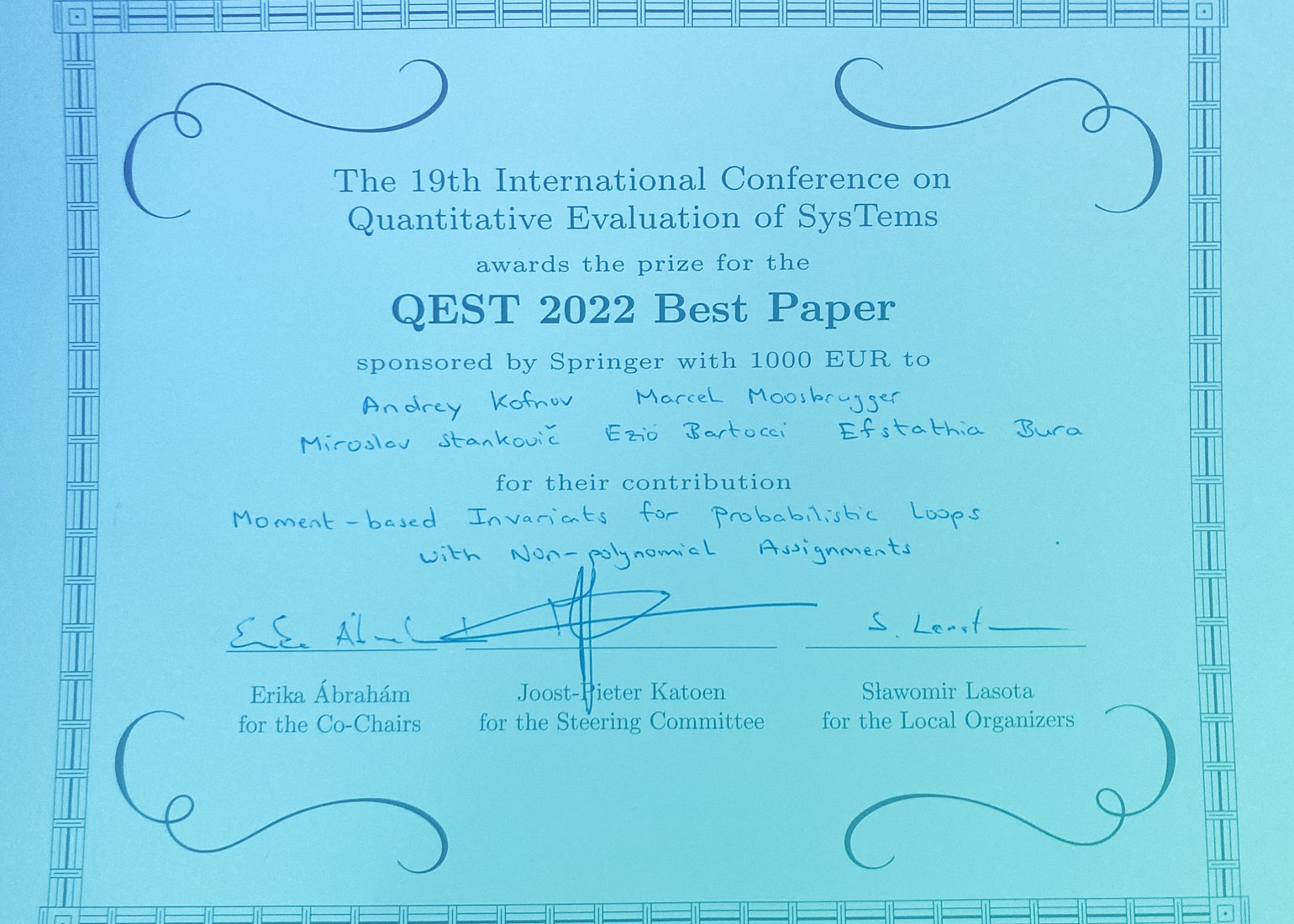 Best Paper Award: Inter-faculty Cooperation Honored at QEST 2022