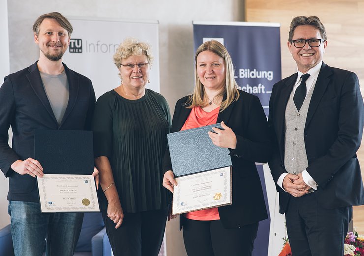 Peter Knees (Chairholder), Sabine Seidler (Rector of TU Wien), Julia Neidhardt (Co-Chairholder), Martin Polaschek (Federal Minister, BMBWF) (fltr).