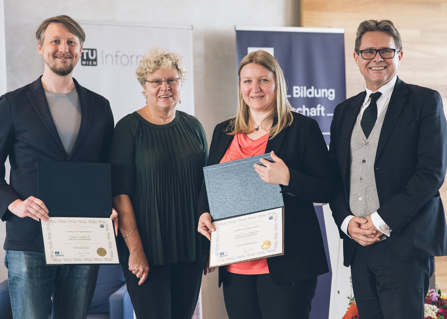 Peter Knees (Chairholder), Sabine Seidler (Rector of TU Wien), Julia Neidhardt (Co-Chairholder), Martin Polaschek (Federal Minister, BMBWF) (fltr).