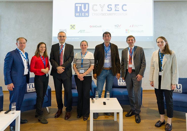 Panelists (l.t.r.) Andreas Köberl, Stephanie Jakoubi, Matteo Maffei, Tanja Zseby, Joe Pichlmayr, Daniele Sangion, and Hanna Wilhelmer — Picture: Simon Jeanteur / TU Wien Informatics
