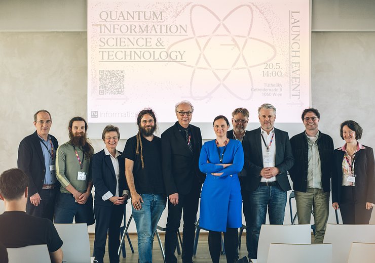 Group picture, fLtR: Jan von Delft, Simon Richard Goorney, Gerti Kappel, Marcus Huber, Johannes Buchmann, Stefanie Barz, Jörg Schmiedmayer, Rupert Ursin, Daniel Platz, and Sabine Andergassen — Picture: Amélie Chapalain / TU Wien Informatics