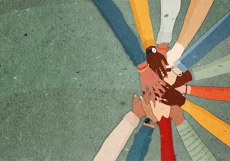 Comic-style on a grey-green background; 12 arms put together on the right side for a Hurray