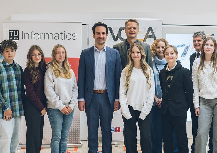 Prize winners of the VCLA's video competition with Minister Christoph Wiederkehr with Rector Jens Schneider and VCLA chairs Stefan Szeider and Agata Ciabattoni — Picture: Amélie Chapalain / TU Wien Informatics