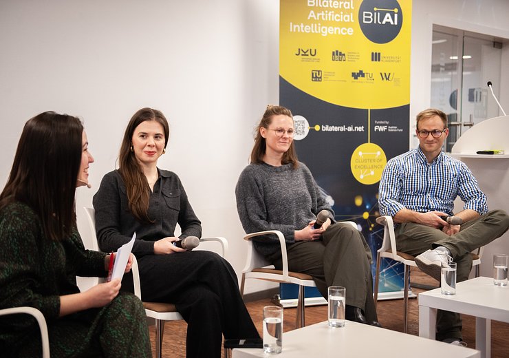 Our Panel discussing Best Practices for University Spin-offs with Nermina Mumic, Lukas Rippitsch, and Maria Antonia Zahlbruckner; moderated by Alexandra Negoescu — Picture: Markus Hollo / TU Wien Informatics