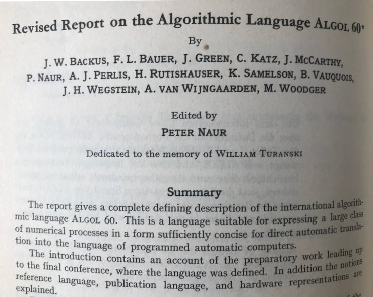Title page of the ALGOL-60 report by Peter Naur, in the version she used at Siemens.